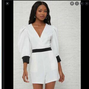 SHEIN X Raluk Surplice Neck Lantern Sleeve Colorblock Stretch Romper NWOT S